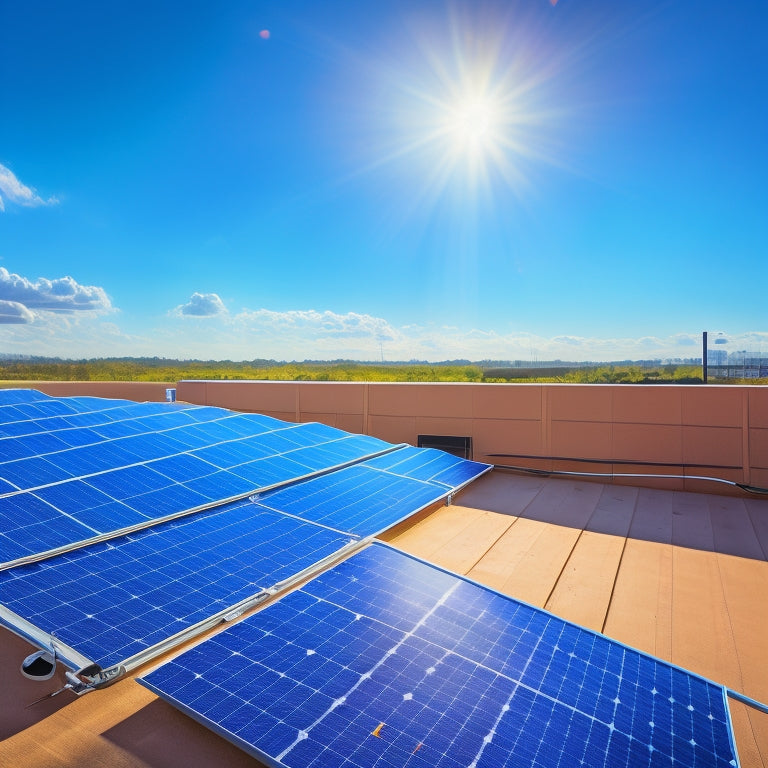 A sunny rooftop with a partially installed solar panel array, tools and equipment scattered around, and a ladder leaning against the roof's edge, with a subtle blue sky background.