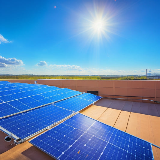A sunny rooftop with a partially installed solar panel array, tools and equipment scattered around, and a ladder leaning against the roof's edge, with a subtle blue sky background.