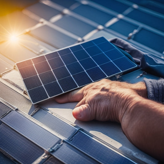 A close-up of a gloved hand holding a solar panel, with a subtle reflection of a sunny sky on its surface, surrounded by roofing tiles and electrical wires.