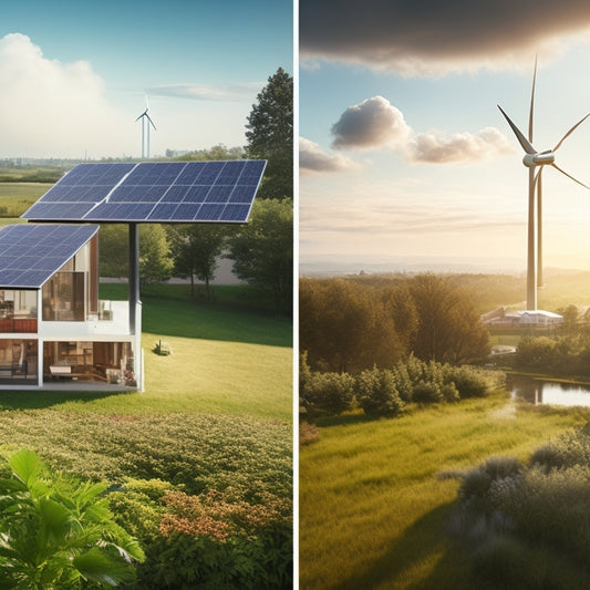 A split-screen image: a serene, self-sustaining eco-home with solar panels, wind turbines, and lush greenery on one side, contrasted with a polluted, smog-filled industrial cityscape on the other.