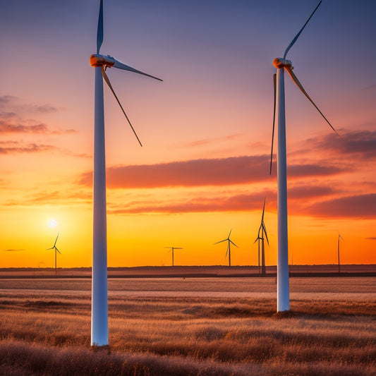 An image of a majestic wind turbine standing still, surrounded by tangled power lines and rusty old oil drums, with a faint sunset glow in the background, symbolizing the obstacles hindering renewable energy adoption.