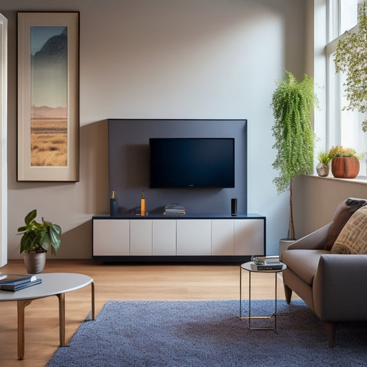 A modern, sleek living room with a compact battery storage system in the corner, featuring a wall-mounted unit with a sleek touchscreen display and a few compact batteries stacked below, amidst a minimalist interior design.
