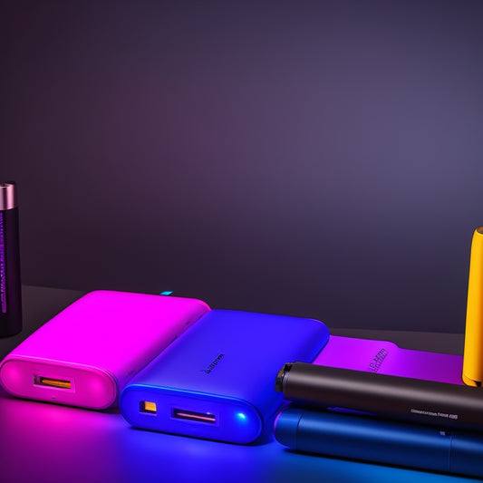 A sleek arrangement of various high-capacity power banks, showcasing innovative designs and vibrant colors, against a backdrop of a charging smartphone and laptop, emphasizing long-lasting battery life with glowing battery indicators.