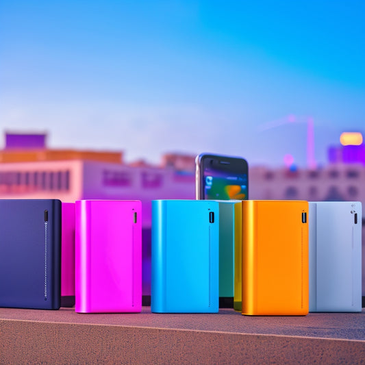 A sleek arrangement of various modern power banks in vibrant colors, set against a dynamic urban backdrop, showcasing their portability with charging cables and smartphones, all illuminated by soft, natural light.