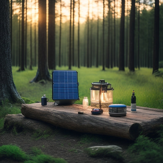 A serene forest campsite with a portable solar panel mounted on a DIY wooden rack, connected to a camping battery and power bank, amidst trees and outdoor gear.