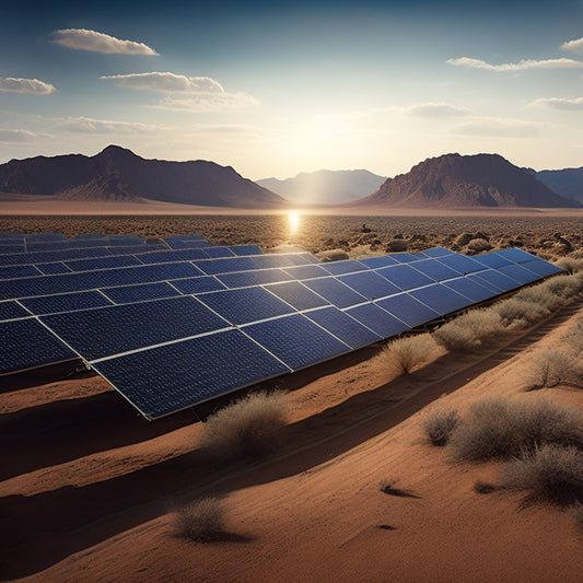 A photorealistic image depicting a sprawling solar panel array on a sun-drenched desert landscape, with rows of sleek black panels angled towards the horizon, surrounded by rocky outcroppings and sparse desert flora.