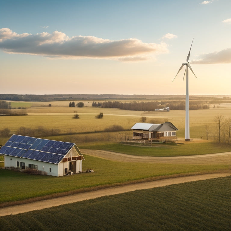 A serene rural landscape with a few scattered homes, a wind turbine in the distance, and a large solar panel array in the foreground, with a battery storage unit and a small substation nearby.