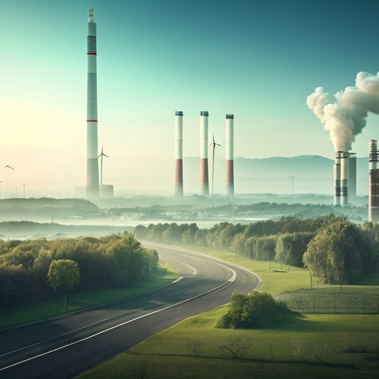 An illustration depicting a split-scene: a polluted cityscape with telecommunication towers emitting smoke, contrasting with a serene, green landscape featuring wind turbines and solar panels powering a single, sleek cell tower.