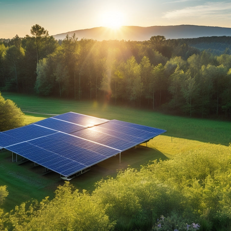 A vibrant landscape featuring solar panels glistening under the sun, surrounded by lush greenery. In the foreground, a modern battery storage unit blends seamlessly with nature, symbolizing a sustainable energy future.