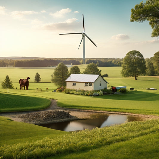 A serene rural landscape with a wind turbine and solar panels in the background, a farmhouse in the distance, and a water pump system in the foreground, surrounded by lush greenery.