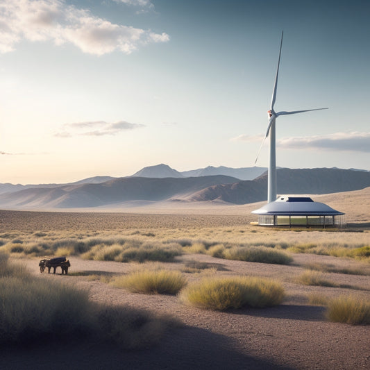 A futuristic, isolated landscape with a small, sleek off-grid cabin in the distance, surrounded by solar panels and a wind turbine, with a large lithium-ion battery bank prominently displayed in the foreground.