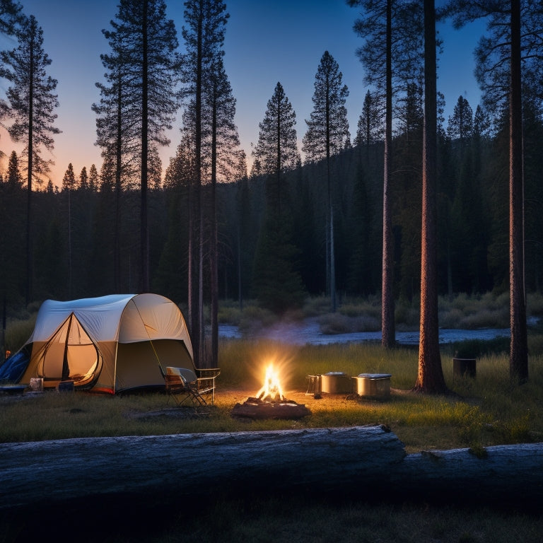 A serene campsite at twilight, featuring a compact solar power station charging devices. Surrounded by lush pine trees, a cozy tent, and a crackling campfire, with mountains silhouetted against a starry sky.