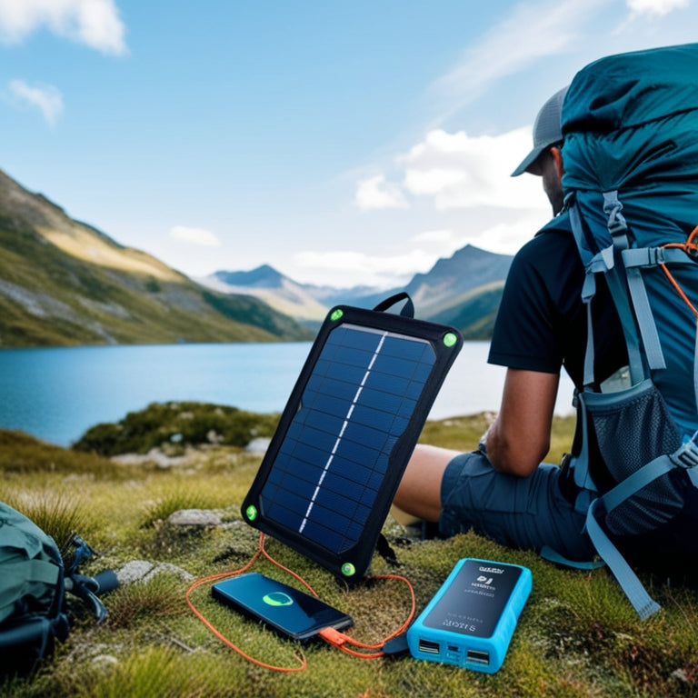A backpacker in a scenic mountainous landscape, with a compact, unfolded foldable solar panel strapped to their backpack, charging a portable power bank, amidst scattered hiking gear and a serene lake in the background.