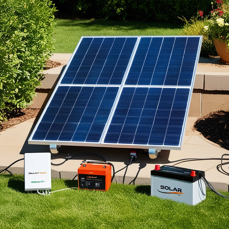 A bright, sunny backyard with a sleek, modern solar panel mounted on a roof, connected to a compact inverter and a battery, surrounded by lush greenery and a few solar-powered gadgets.