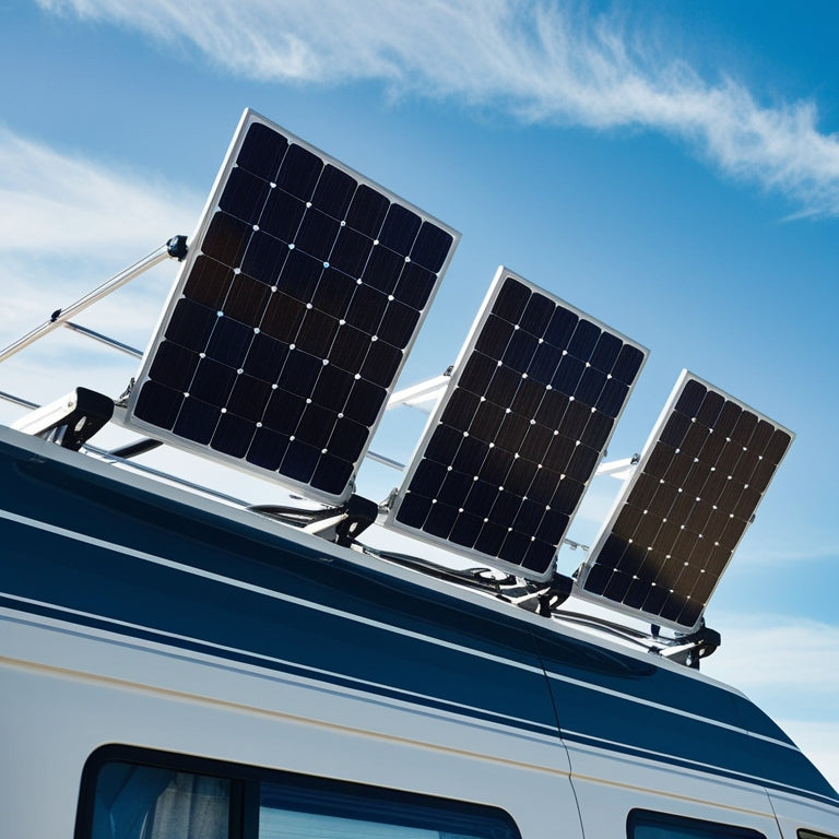 A camper van's roof with three sleek, black solar panels mounted at an angle, surrounded by a sleek railing system, set against a clear blue sky with a few wispy clouds.
