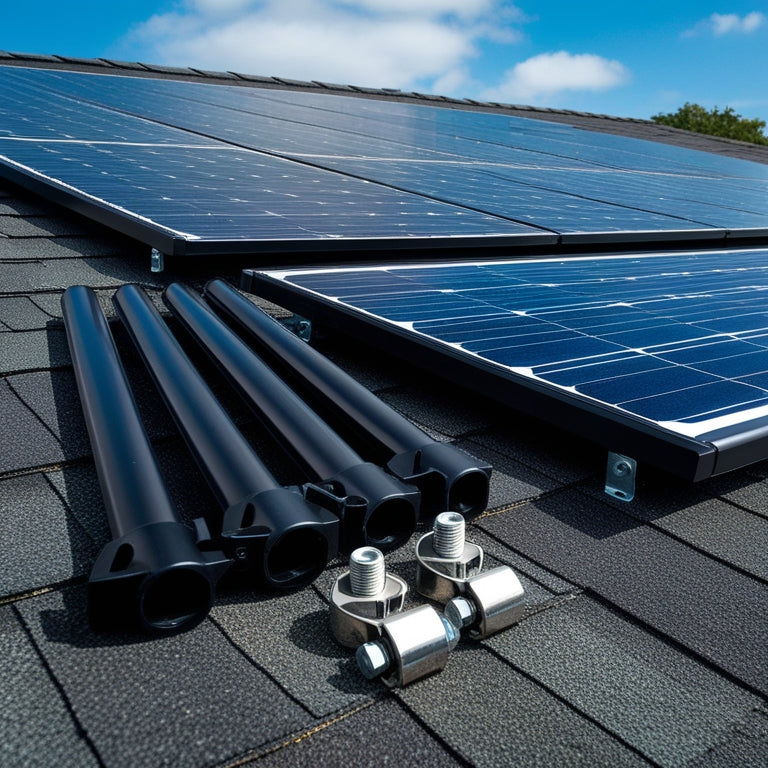 A close-up of a solar panel roof mounting kit, showcasing sleek black anodized aluminum rails, stainless steel clamps, and durable bolts, arranged on a pitched asphalt shingle roof with a clear blue sky background.