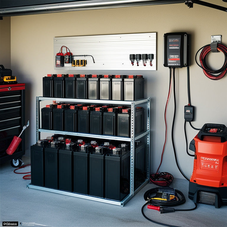 A clutter-free garage with a DIY battery backup system: rows of sleek, black batteries on shelves, connected to a sleek inverter and a wall-mounted control panel, surrounded by tools and wires.