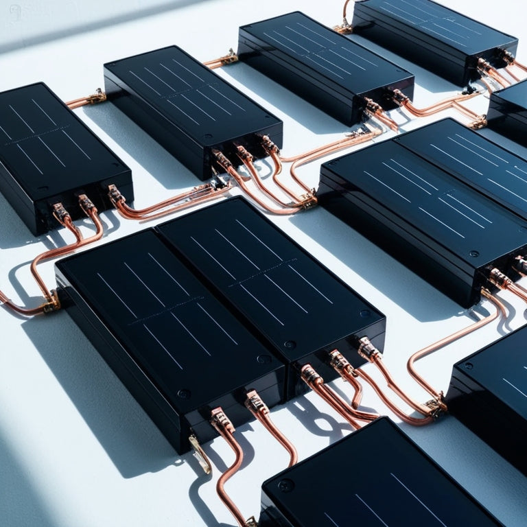 A collection of sleek, black solar batteries arranged in a grid, with copper wires and terminals connecting them, set against a clean, white background with subtle shadows.