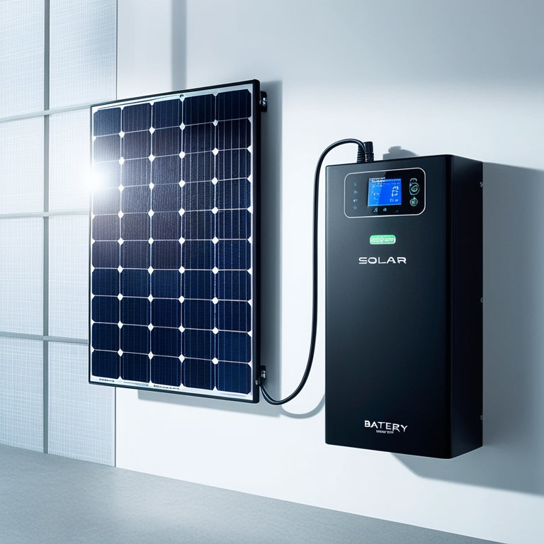 A compact, wall-mounted solar panel array with 2-3 panels, connected to a sleek, black battery unit with a digital display, set against a clean, modern background with subtle gridlines.