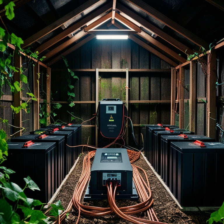 A dimly lit, rustic wooden shed interior with rows of sleek, black battery modules, copper wiring, and a central inverter, surrounded by lush greenery and vines.