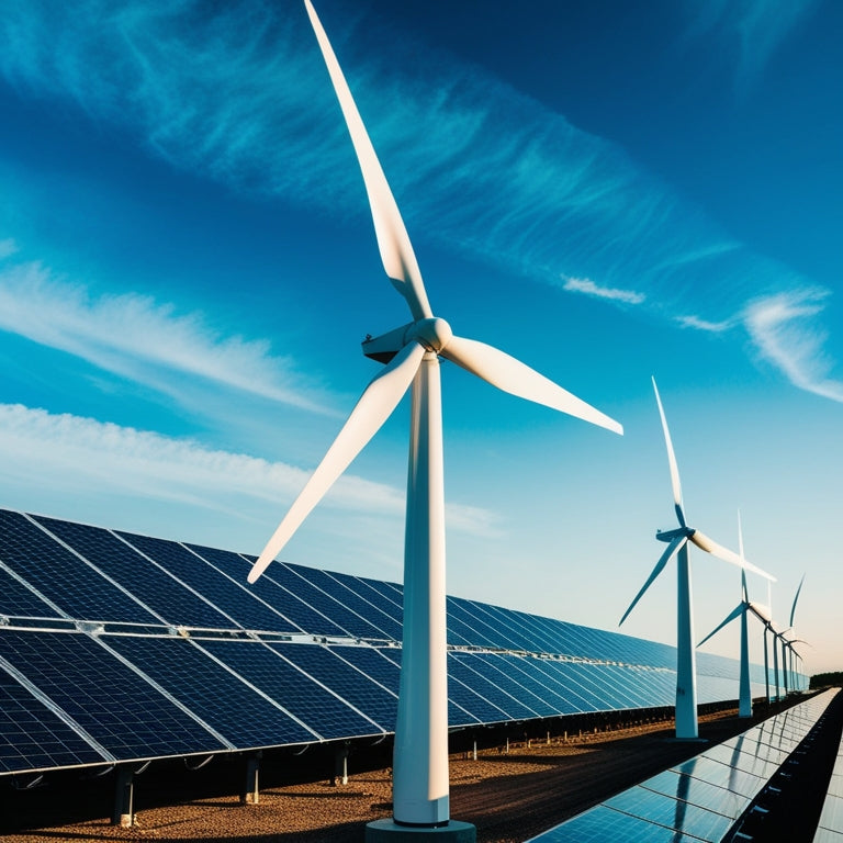A futuristic, aerial view of a solar farm with rows of sleek, white wind turbines, their blades angled to harness the sun's rays, set against a vibrant, electric blue sky with wispy clouds.