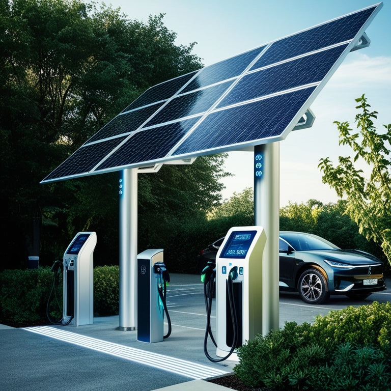 A futuristic charging station with sleek, silver solar panels angled towards the sky, surrounded by lush greenery, with multiple electric vehicle charging points and a large, curved LED display.