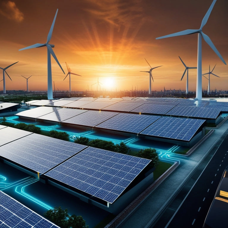A futuristic cityscape at sunset with sleek, silver solar panels integrated into rooftops and streets, connected by glowing blue circuits, amidst a backdrop of towering wind turbines and a radiant orange sky.