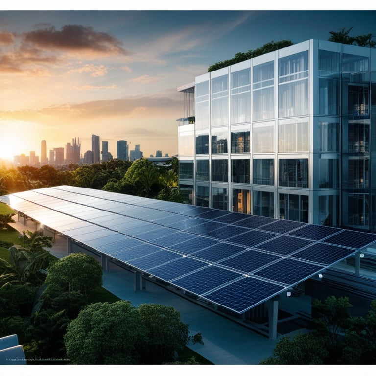 A futuristic cityscape at sunset, with sleek, silver solar panels integrated into a building's facade, generating clean energy, amidst lush greenery and modern architecture.
