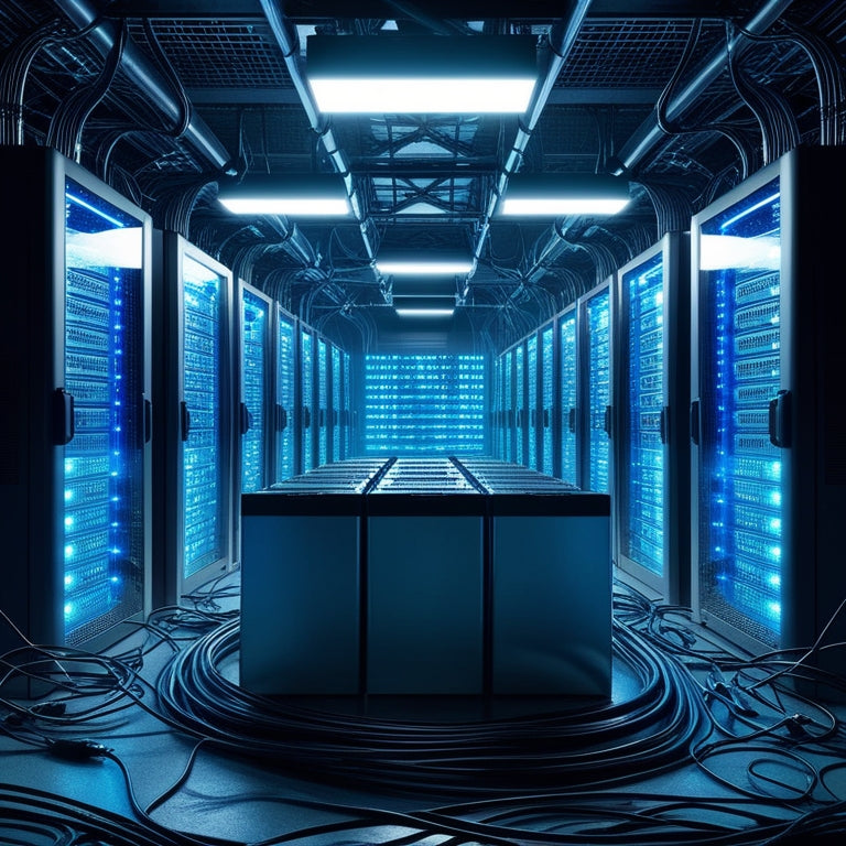 A futuristic illustration of a data center with rows of server racks, illuminated by soft blue LED lights, surrounded by a mesh of cables and wires, with a large battery bank in the foreground.