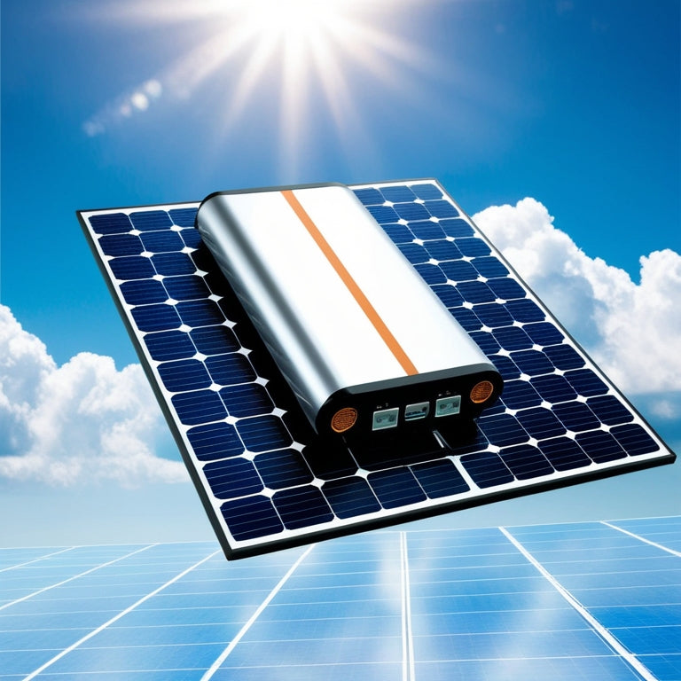 A futuristic illustration of a sleek, silver lithium-ion battery with solar panels wrapped around it, set against a bright blue sky with fluffy white clouds and a subtle grid pattern in the background.