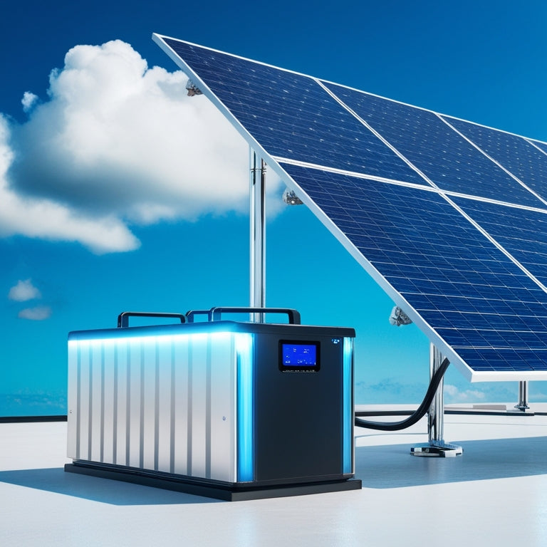 A futuristic illustration of a sleek, silver solar panel array connected to a modern, compact battery storage unit with glowing blue accents, set against a bright blue sky with fluffy white clouds.