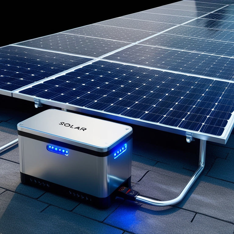 A futuristic illustration of a sleek, silver solar panel array on a rooftop, connected to a modern, compact battery storage unit with glowing blue LED lights and metallic accents.