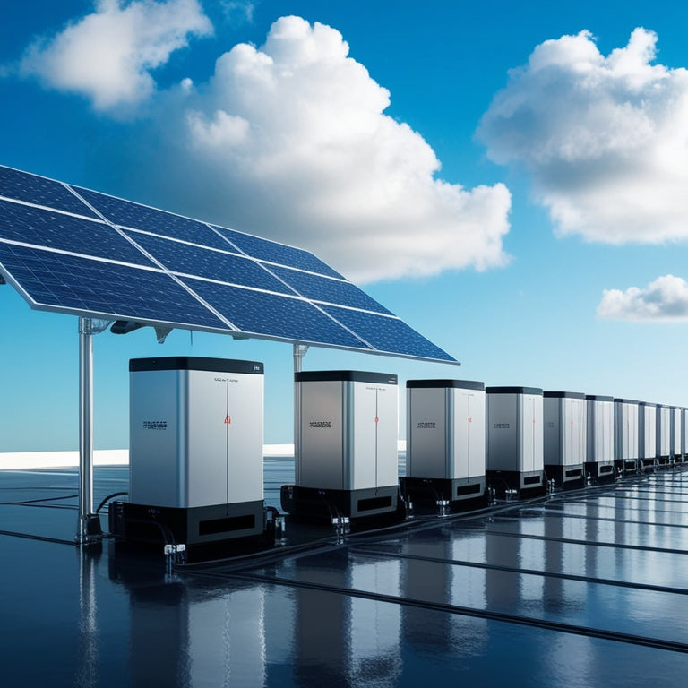 A futuristic illustration of a sleek, silver solar panel array connected to a row of compact, cylindrical energy storage units, set against a bright blue sky with fluffy white clouds.