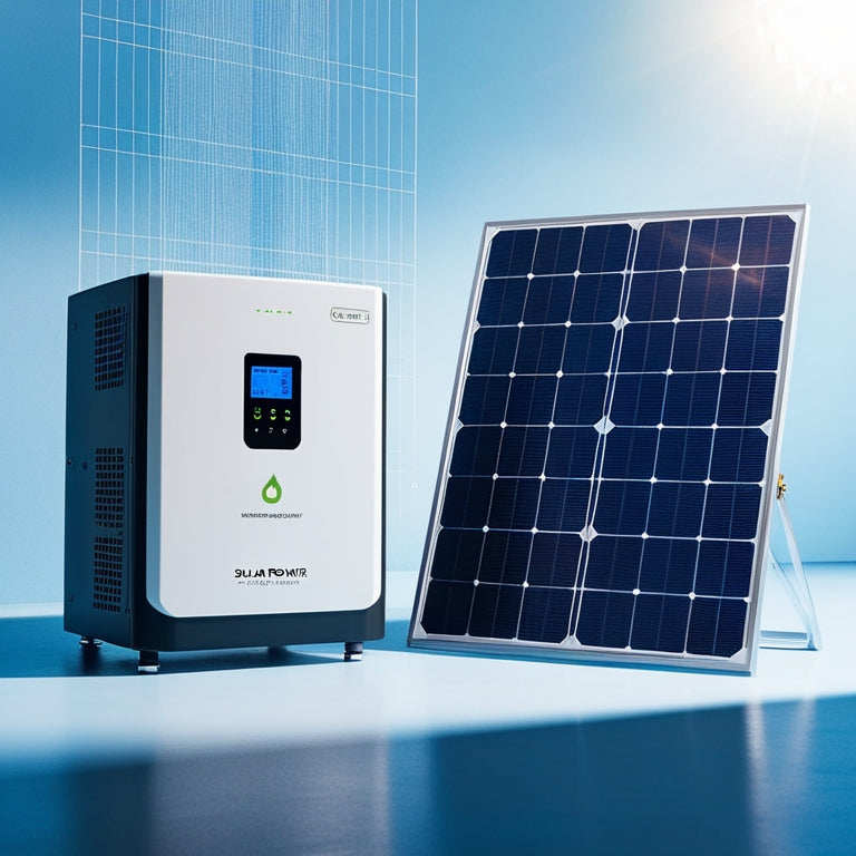 A futuristic, sleek, and compact solar power system with integrated battery, inverter, and monitoring unit, set against a clean blue background, with subtle grid lines and a hint of sunlight.
