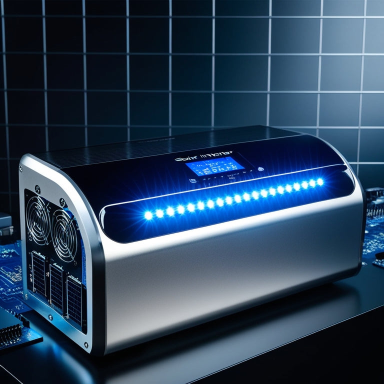 A futuristic, sleek, and modern solar panel inverter device with metallic casing, glowing blue LED lights, and intricate circuit boards, set against a dark blue or black background with subtle grid patterns.