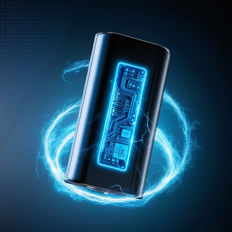 A futuristic, sleek battery pack with glowing blue circuitry, surrounded by swirling electrons and sparks, set against a dark, gradient blue background with subtle grid patterns.