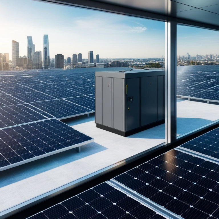A futuristic, sleek commercial building with a rooftop solar panel array, surrounded by a cityscape, with a large, modern battery storage unit visible through a floor-to-ceiling window.