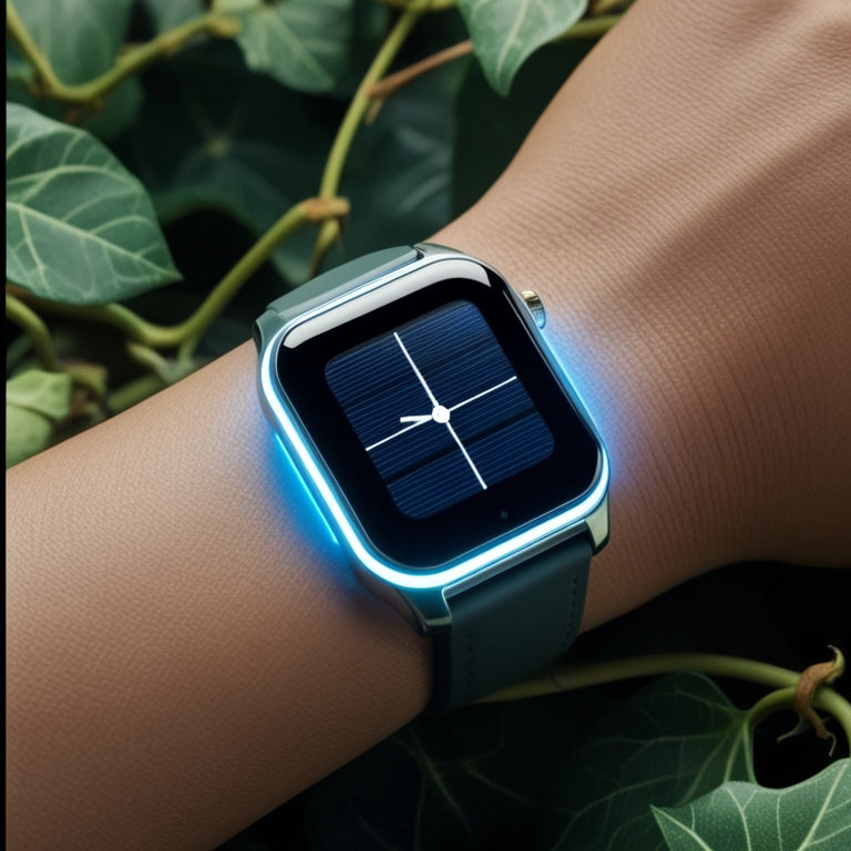 A futuristic, sleek smartwatch with a transparent solar panel face, surrounded by vines and leaves, on a model's wrist, with a subtle glow emanating from the device's edges.