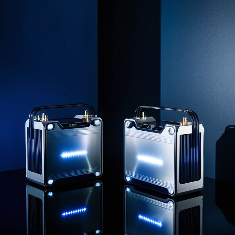 A futuristic, sleek solar battery pack with metallic casings, LED lights, and visible circuitry, set against a contrasting dark blue or black background, with subtle reflections and shadows.