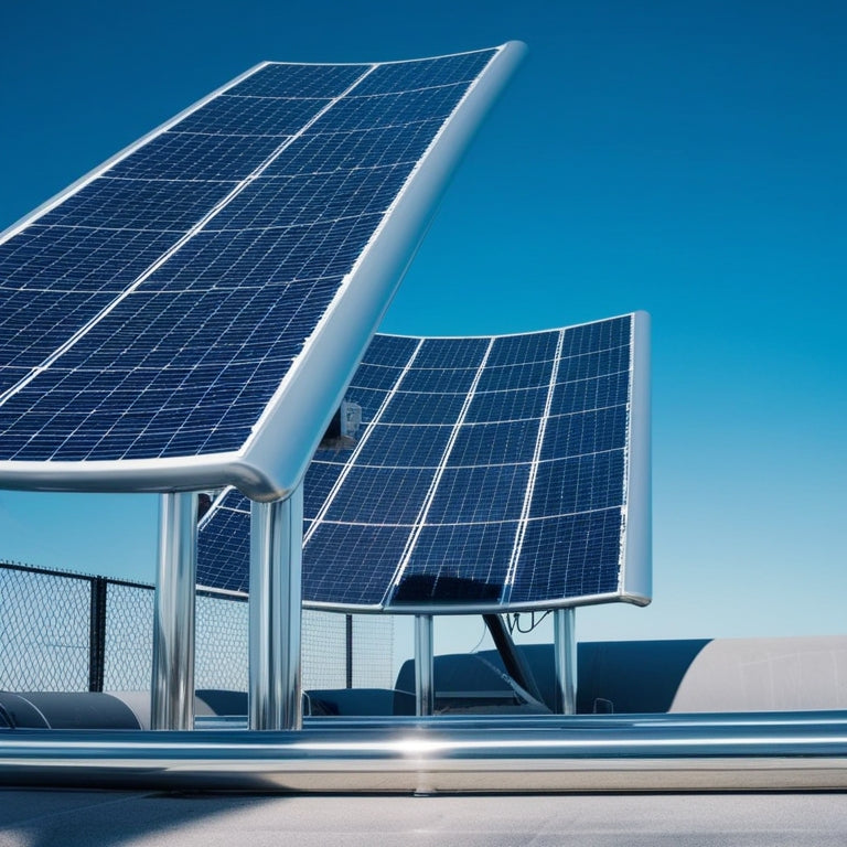 A futuristic, sleek solar panel power station with curved, silver panels angled towards the sky, surrounded by a mesh of wires and sleek, metallic pipes, set against a bright blue background.