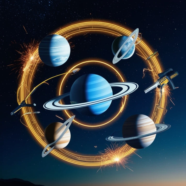 A futuristic, stylized illustration of the solar system, with each planet replaced by a sleek, modern solar panel, surrounded by orbiting tools and sparks, set against a starry night sky.