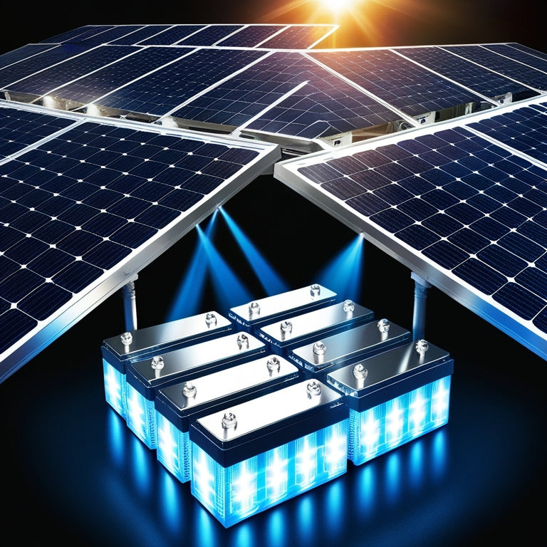 A highly detailed illustration of a sleek, modern solar panel system with multiple panels angled towards the sun, connected to a bank of shiny, silver batteries with glowing blue LED lights.