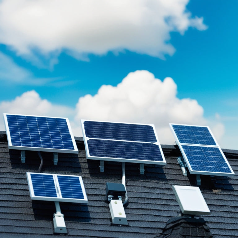 A miniature rooftop with multiple small, sleek solar panels in various shapes and sizes, installed at different angles, with a bright blue sky and fluffy white clouds in the background.