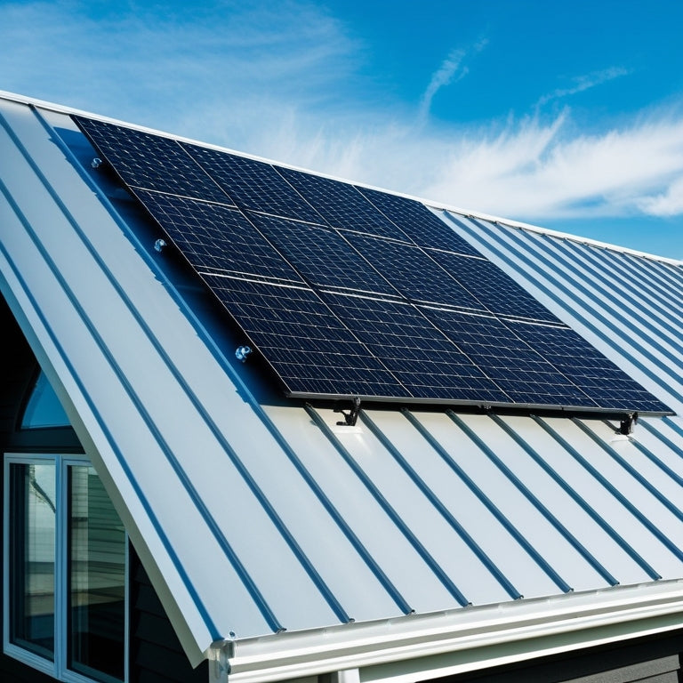 A modern, eco-friendly home with a sleek, silver metal roof, adorned with a seamless integration of black solar panels, set against a bright blue sky with a few wispy clouds.