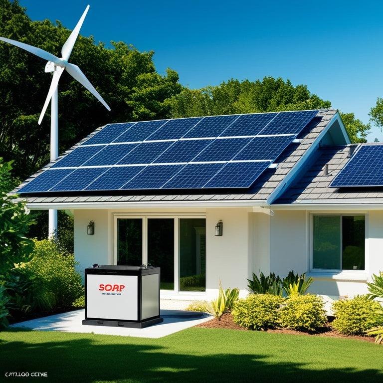 A modern home with solar panels on the roof, a wind turbine in the backyard, and a battery storage unit visible through a window, surrounded by lush greenery and a bright blue sky.