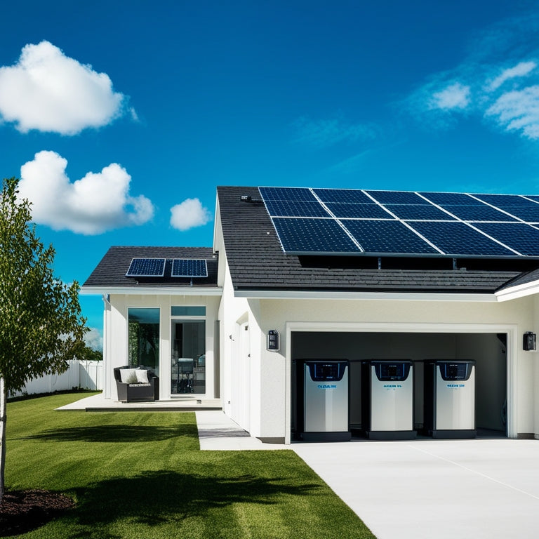 A modern home with solar panels on the roof, a sleek battery storage system in the garage, and a green lawn with a few trees, set against a bright blue sky with fluffy white clouds.