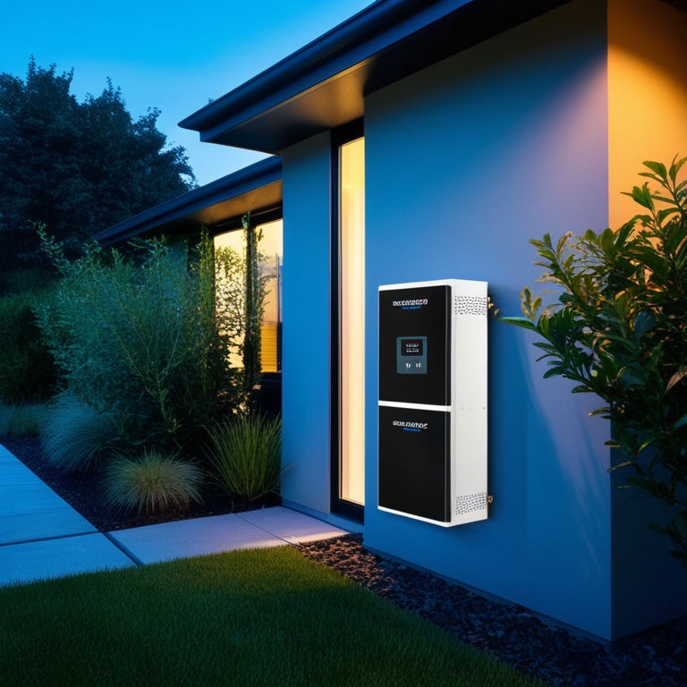 A modern home's exterior at dusk, with a sleek, compact battery backup system installed next to the electrical panel, surrounded by lush greenery and a subtle glow of LED lights.