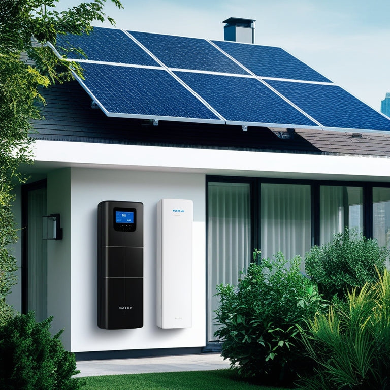 A modern home's exterior with a sleek, wall-mounted battery system and solar panels on the roof, surrounded by lush greenery, with a subtle cityscape in the background.