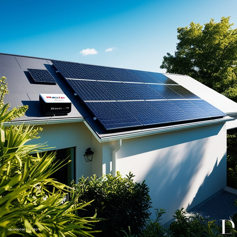 A modern home's rooftop with sleek black solar panels and a compact, sleek battery unit installed on the exterior wall, surrounded by lush greenery and a bright blue sky.