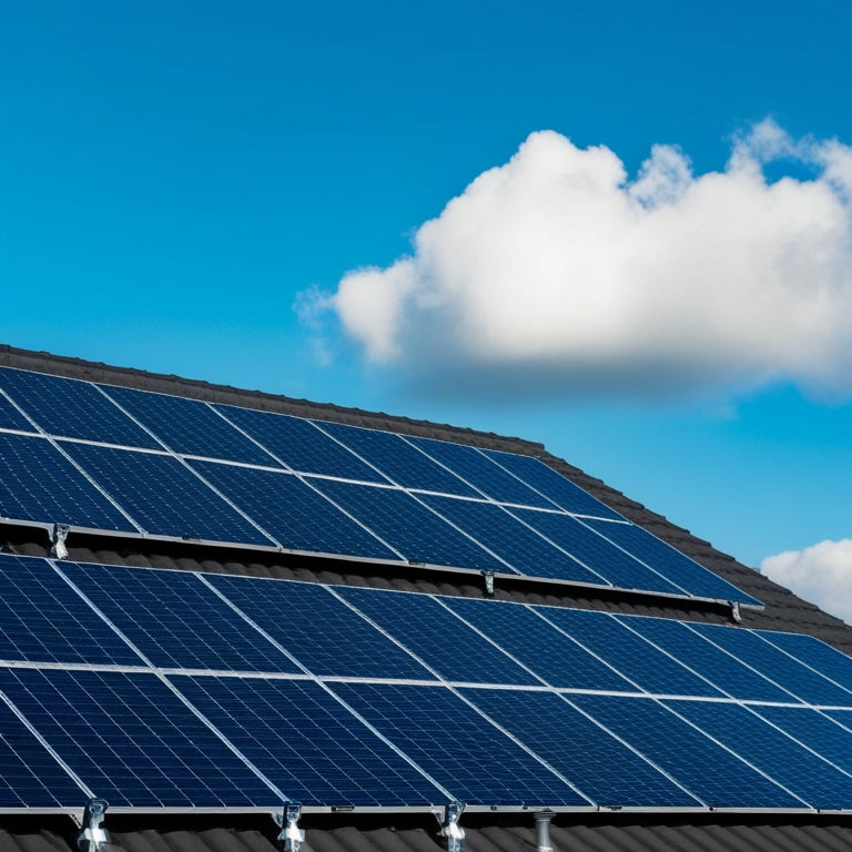 A modern residential rooftop covered in sleek, dark blue photovoltaic panels, angled at 30 degrees, with a few shiny silver mounting brackets and wires, set against a bright blue sky with fluffy white clouds.